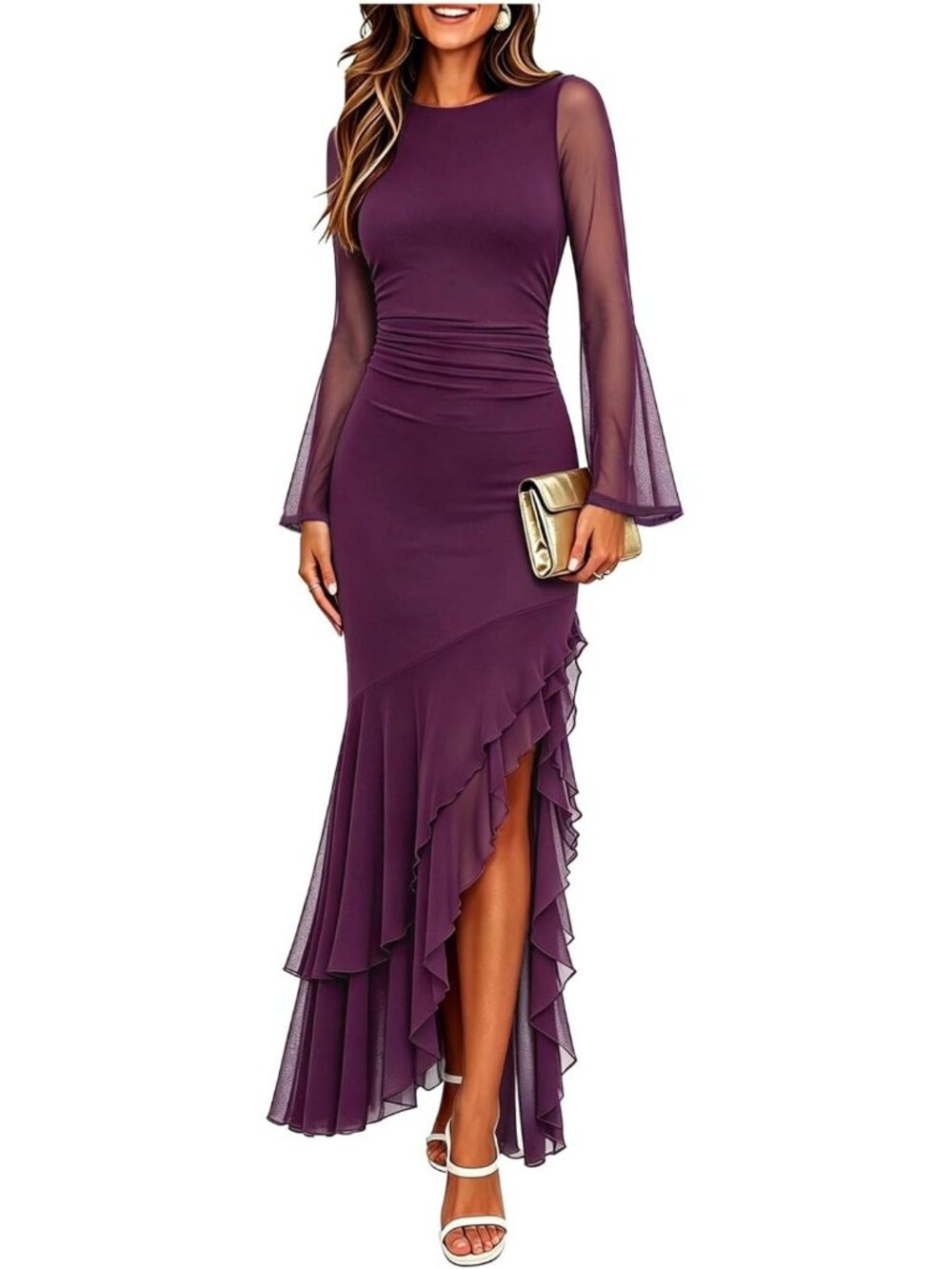 Women's Purple Bodycon Mermaid Cocktail Long Sleeve Formal Wedding Maxi Dresses
